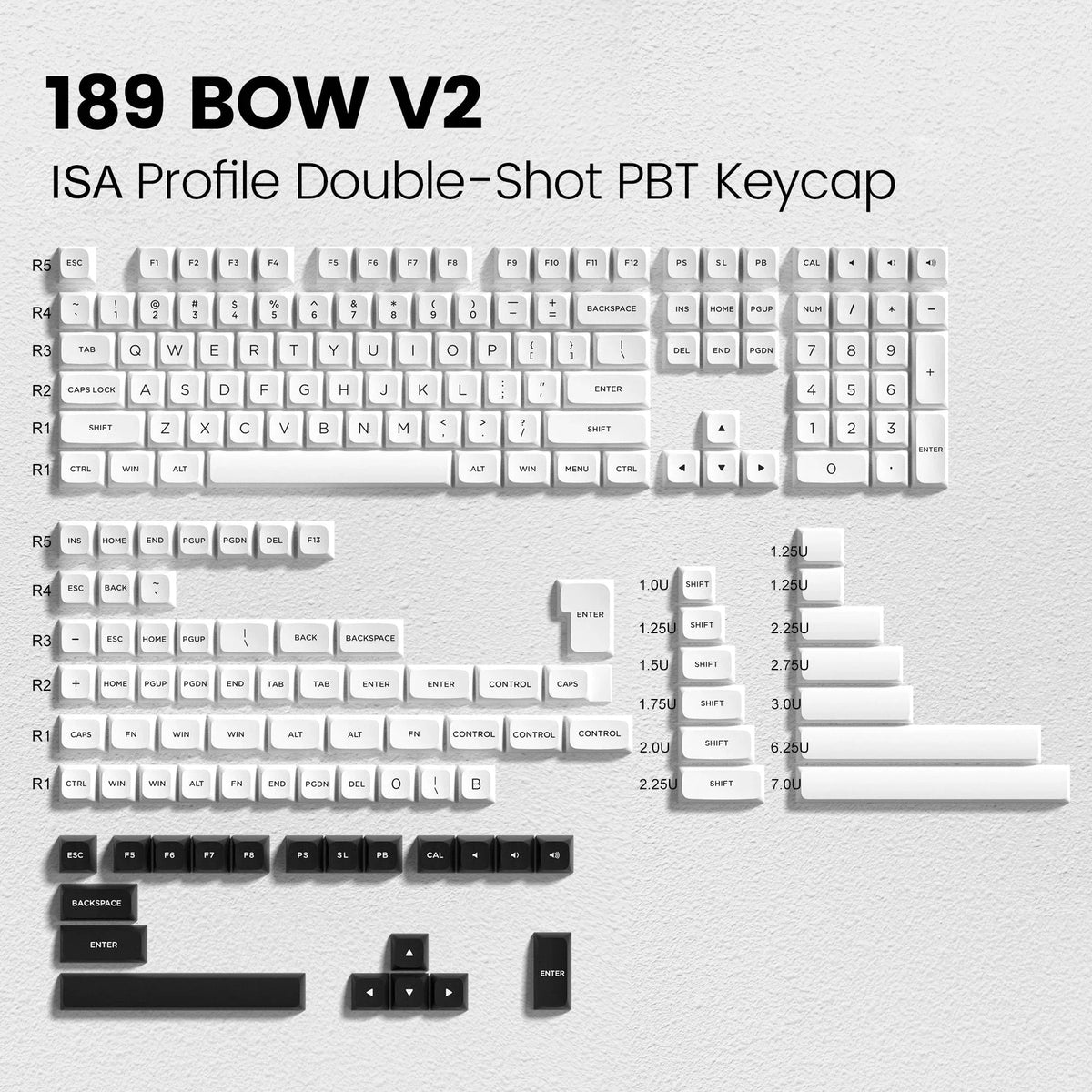 Isa Keycaps ISA Profile Black on White PBT Keyboard Keycaps 189 Keys Double Shot K ...