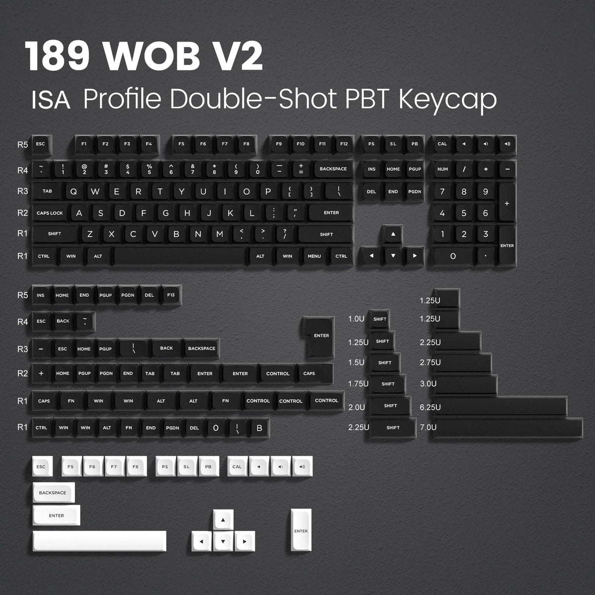 Isa Keycaps ISA Profile Black on White PBT Keyboard Keycaps 189 Keys Double Shot K ...